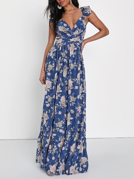 Lulus Dresses & Skirts - Lulus Soiree Celebration Blue Floral Ruffled Lace-Up Maxi Dress Size S NWT